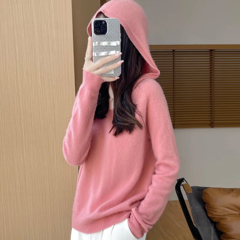 Women Autumn Winter Clothing Hooded Collar Pullover 100% Merino Wool Sweater New Fashion Cashmere Tops Bottoming Knitwear Soft