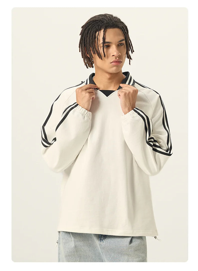 Custom LOGO men's American striped 100% cotton sweater 380G college style contrasting color lapel couple commuter sweater