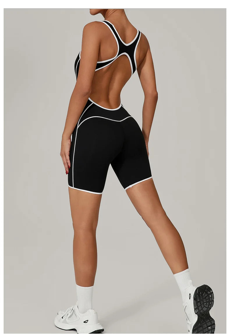 TRY TO BN Yoga Jumpsuit Sports Hollow Back Breathable Contrasting Color Bodysuit Fitness One Piece Set Running Gym Woman Clothes