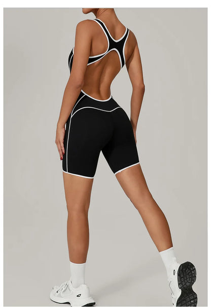 TRY TO BN Yoga Jumpsuit Sports Hollow Back Breathable Contrasting Color Bodysuit Fitness One Piece Set Running Gym Woman Clothes