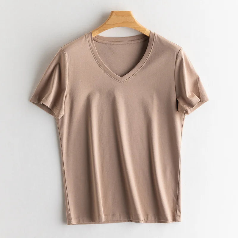 SuyaDream Women Solid T shirts, Silk Cotton Blend, O Neck, Short Sleeved Solid Tee,2025 Summer Candy Colors Basic Cozy Top Green