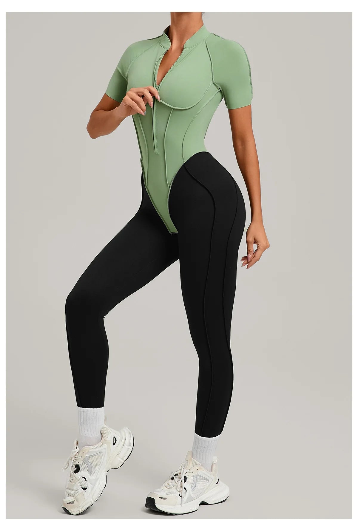 SOISOU Zipper Jumpsuit Women Nylon Clothing Sportswear Woman Gym Yoga Sport Sets Short Sleeve Workout Sets Women Tracksuit