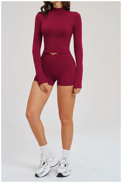 2PCS Yoga Suit Women's Tracksuit Gym Clothing Sportswear Female Workout Long Sleeve Sports Suit High Waist Cycling Shorts Set