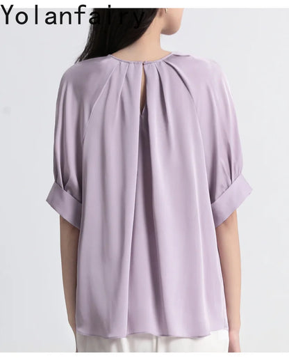 YOLANFAIRY 100% Real Mulberry Silk T Shirts for Women Summer 2026 Short Sleeve Tops O-neck Elegant Blouse Woman Tee Shirt Femme
