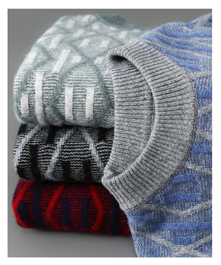 New 100% Pure Wool Cashmere Men's Mock-Neck Pullover Autumn And Winter Color Matching Top Casual Thick Fashion Large Size Jacket
