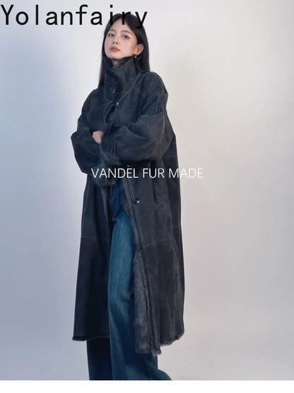 YOLANFAIRY Real Goatskin Leather Fur Coats for Women Winter High-end Natural Fur Coat Lazy Style Long Leather Jacket Luxury Wear
