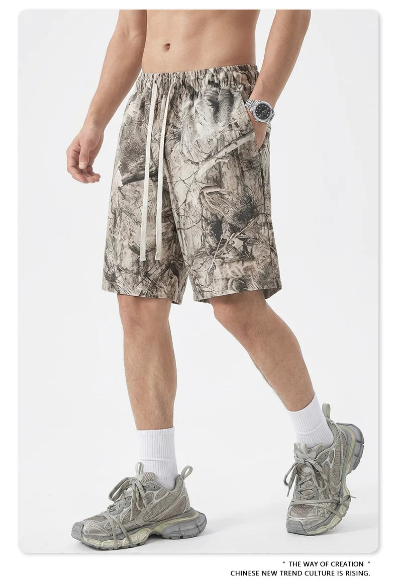 Custom LOGO men's summer camouflage splicing 240G quick-drying cotton polyester short-sleeved T-shirt loose sports shorts set
