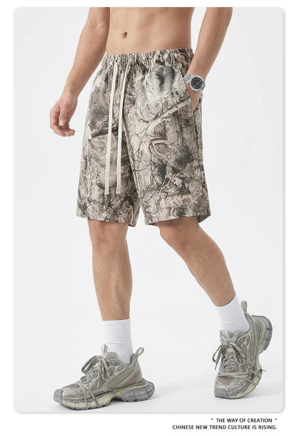 Custom LOGO men's summer camouflage splicing 240G quick-drying cotton polyester short-sleeved T-shirt loose sports shorts set