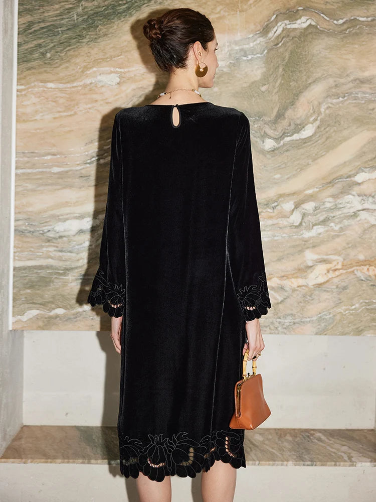 SuyaDream, Women Velvet Dresses, 100%Real Silk, O Neck, Embroidery Black Mid Dress, 2026 Spring Summer Elegant Cloth