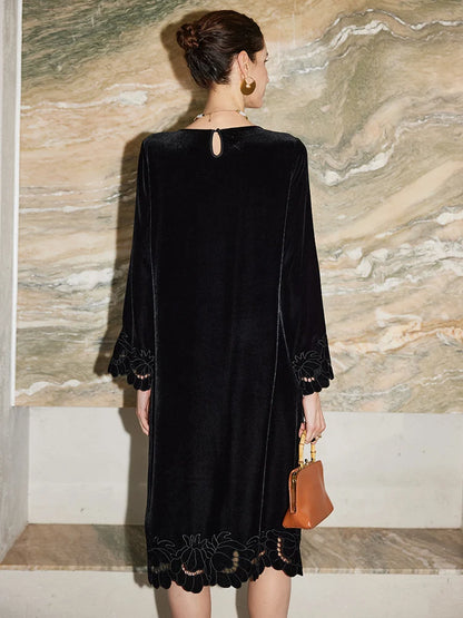 SuyaDream, Women Velvet Dresses, 100%Real Silk, O Neck, Embroidery Black Mid Dress, 2026 Spring Summer Elegant Cloth