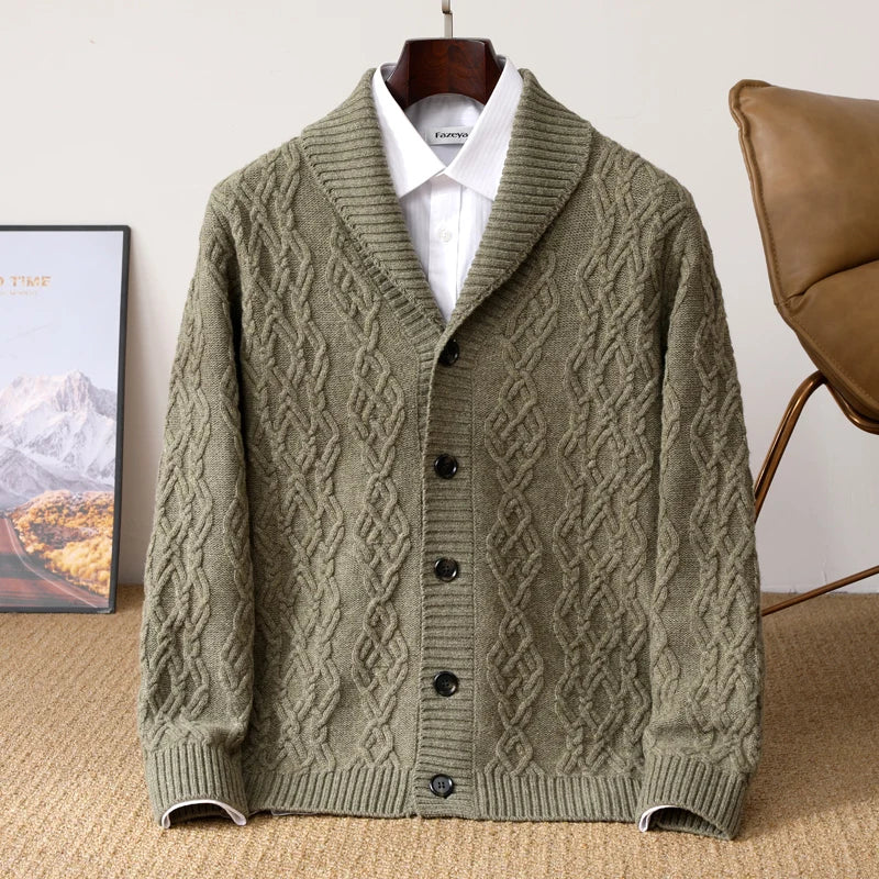 2025 Autumn Winter New Five Needle Thick 100% Merino Wool Sweater Men's Lapel Knit Cardigan Business Casual Warm Shirt Menswear