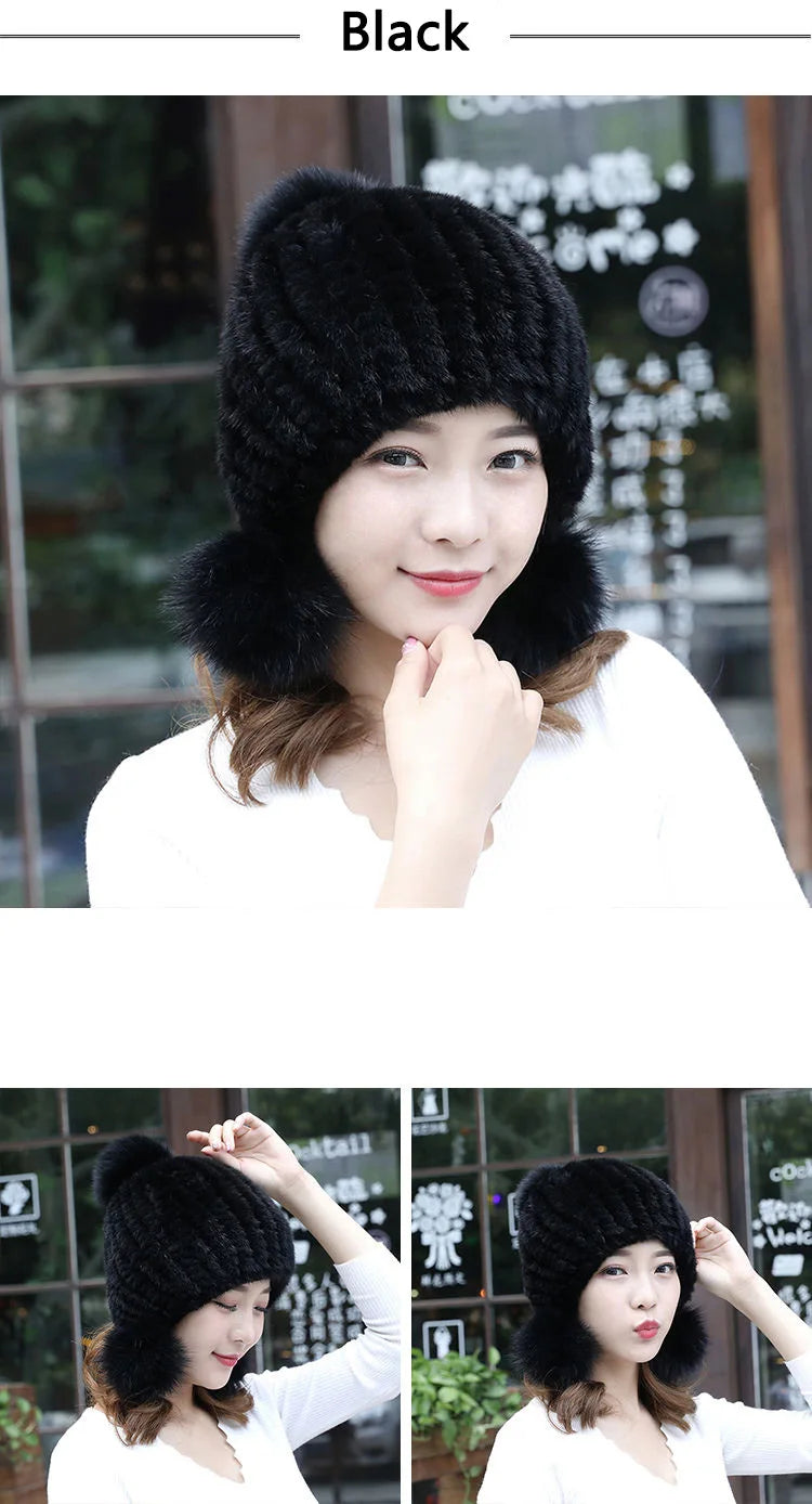 Fashion Women Real mink hat Winter warm mink fur knit hats Women fox fur ball cap