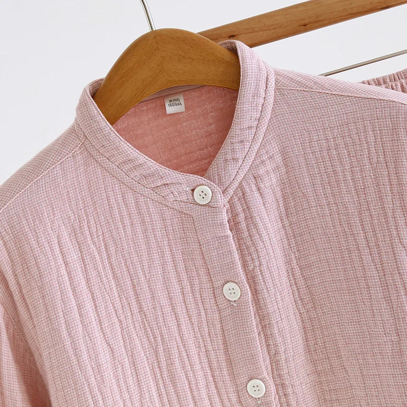 2026 Spring and Autumn New Couple Pajama Set 100% Pure Cotton Crepe Cloth Men's and Women's Stand up Neck Simple Home Clothing