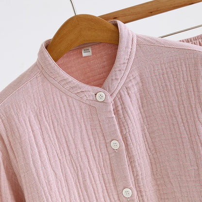 2026 Spring and Autumn New Couple Pajama Set 100% Pure Cotton Crepe Cloth Men's and Women's Stand up Neck Simple Home Clothing