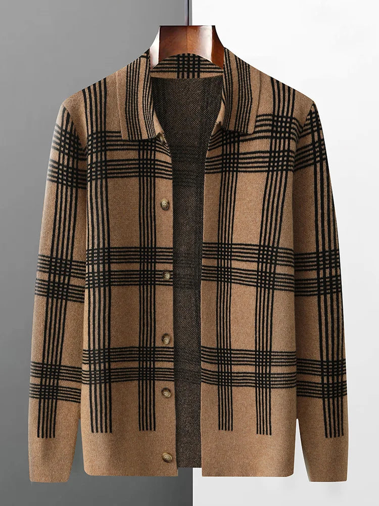 100% Merino Wool Men's Lapel Collar Knit Cardigan Coat 2025 Spring/ Autumn New POLO Neck Grid Suit Shirt Cashmere Jacket Sweater