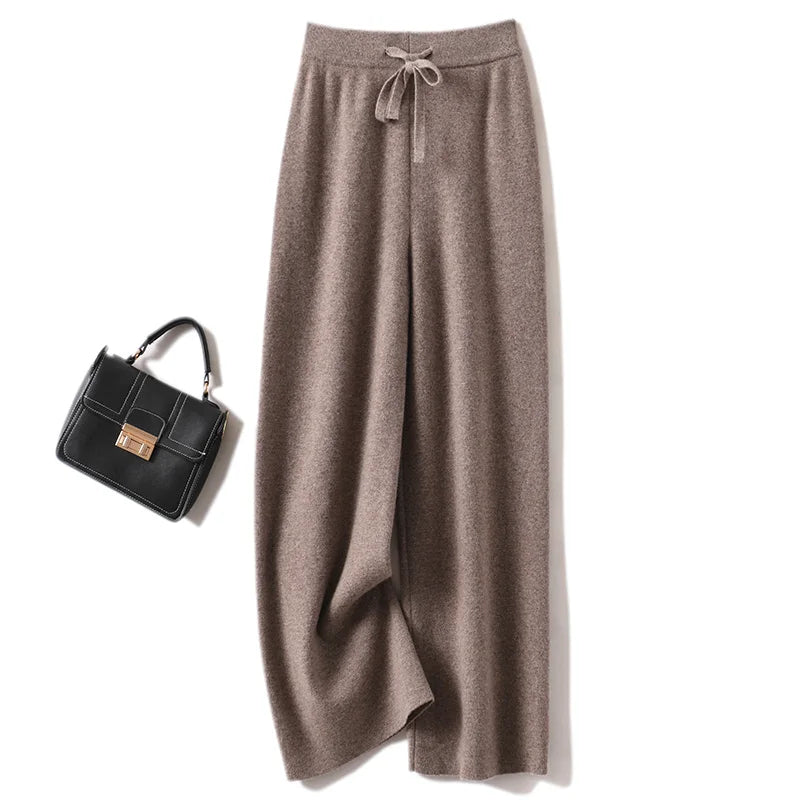 CHICUU Women Cashmere Pants Basic Casual Wide Leg Pants Autumn Winter 100% Merino Wool Knitwear Soft Korean Popular Trousers