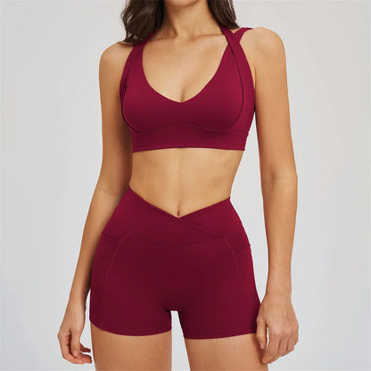 TRY TO BN Women's Tracksuit Shorts Sports Gym Set Halter Neck Fitness Cross Waisted Short Running Two Pieces Suits Yoga Clothing