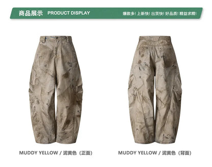 Custom LOGO men's 270G pure cotton high street retro casual pants scimitar denim texture mud yellow old loose wide-leg pants