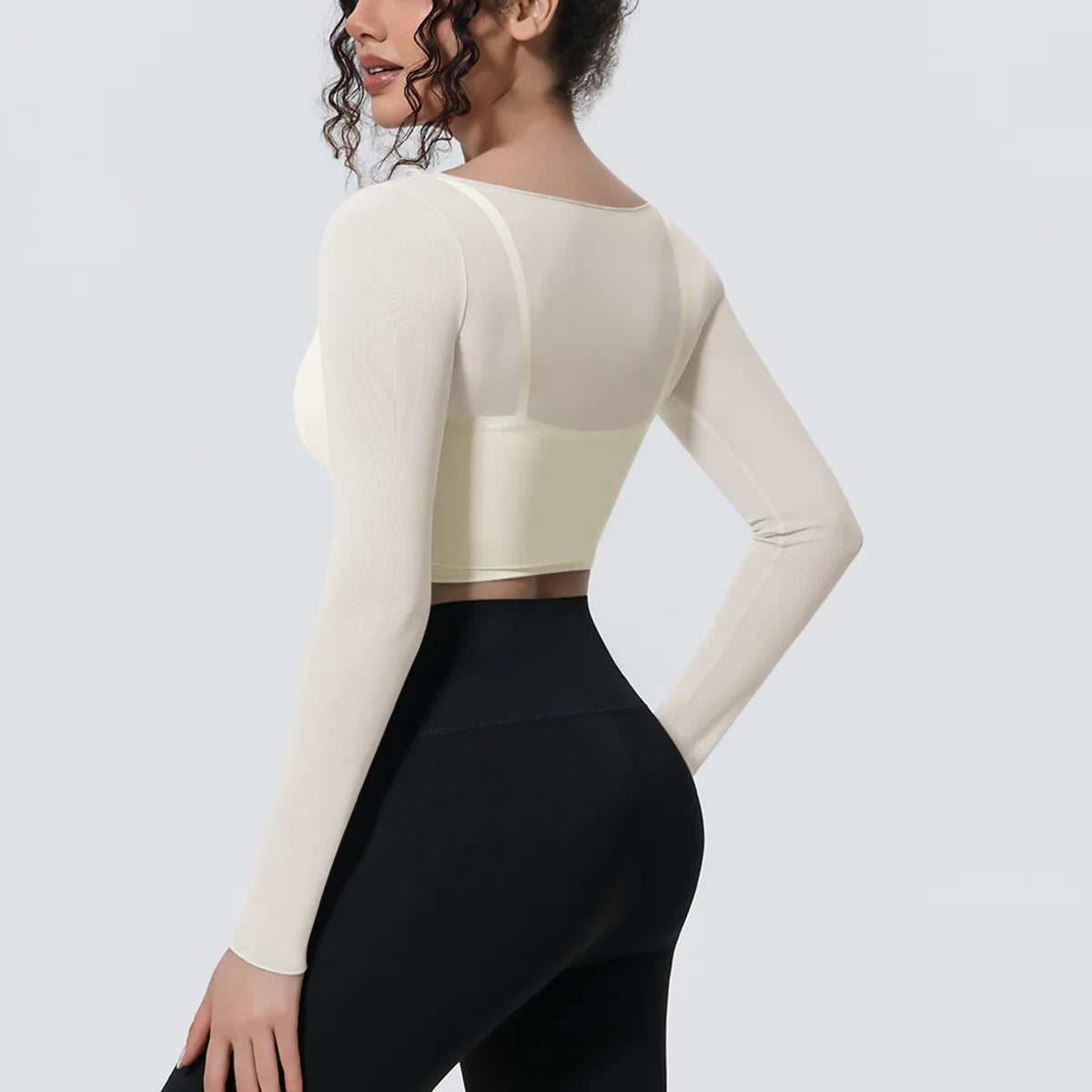 Hearuisavy Women's Mesh Long Sleeve Yoga Top With Padded Bra Fake Two Piece Gym Clothing Fitness Top Quick Dry Sports Crop Top