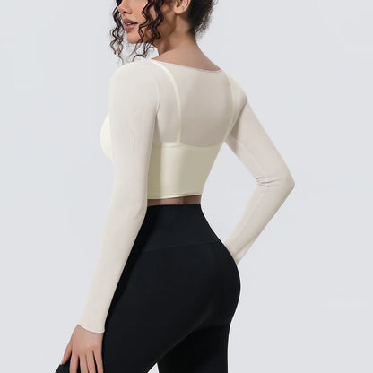 Hearuisavy Women's Mesh Long Sleeve Yoga Top With Padded Bra Fake Two Piece Gym Clothing Fitness Top Quick Dry Sports Crop Top