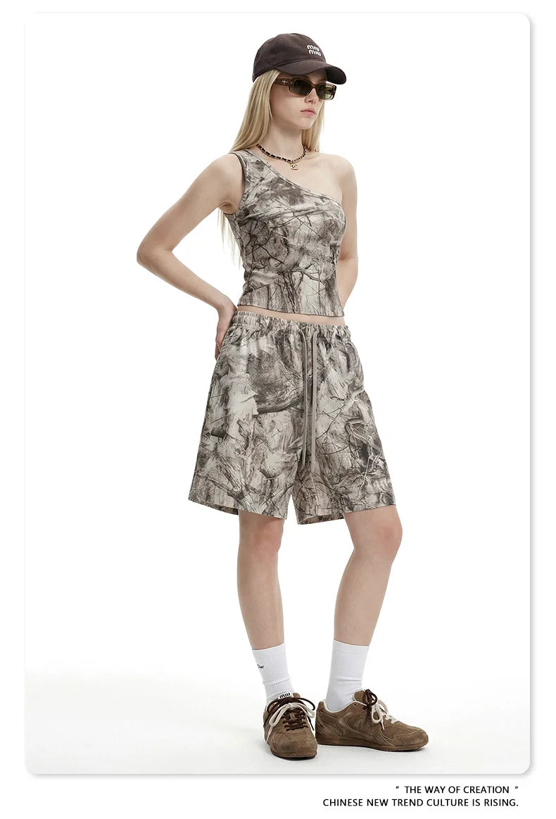 Custom LOGO women's 315G cotton polyester summer short front shoulder camouflage short-sleeved T-shirt vest casual sports suit
