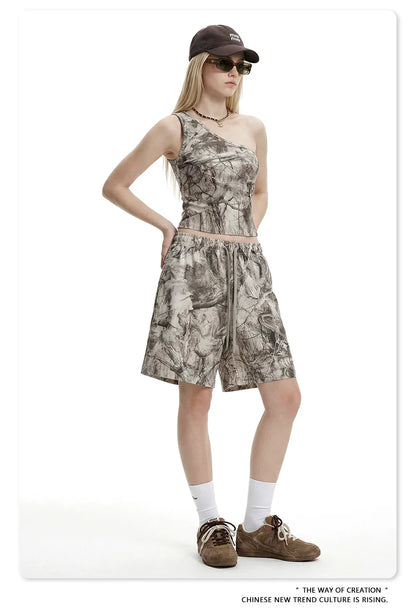 Custom LOGO women's 315G cotton polyester summer short front shoulder camouflage short-sleeved T-shirt vest casual sports suit