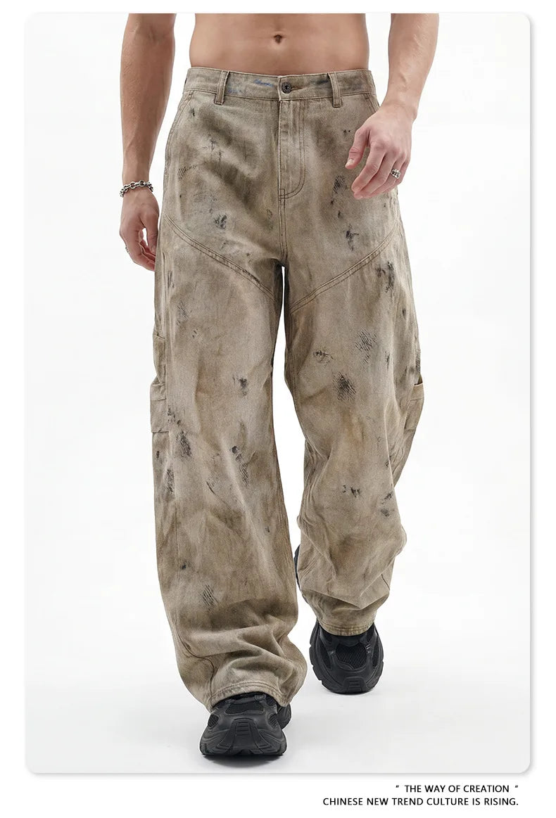 Custom LOGO men's 270G pure cotton high street retro casual pants scimitar denim texture mud yellow old loose wide-leg pants
