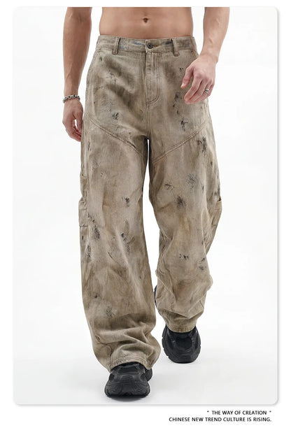 Custom LOGO men's 270G pure cotton high street retro casual pants scimitar denim texture mud yellow old loose wide-leg pants