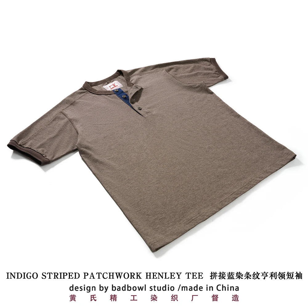 Men's American Retro T-shirt Heavyweight Loose Fit Short Sleeve Henry Collar Neutral Design Casual Loose Shirt