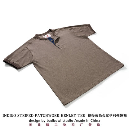 Men's American Retro T-shirt Heavyweight Loose Fit Short Sleeve Henry Collar Neutral Design Casual Loose Shirt