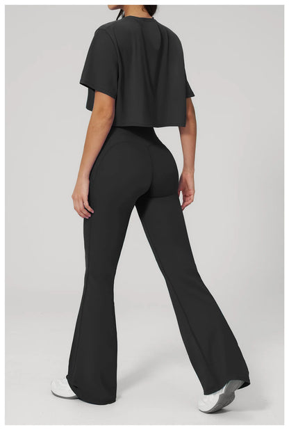 Women's Tracksuits 2PCS Yoga Outfits Gym Clothes Workout Set Sportswear Female Short Sleeve Sports Shirts Flared pants Yoga Suit