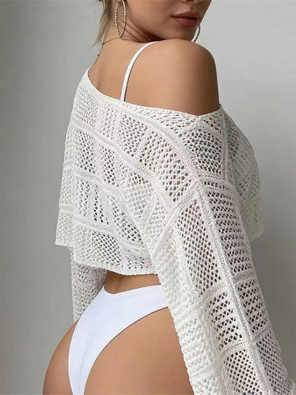 New Long Sleeve Hollow Out Crop Top Crochet Knitted Beach Cover Up Cover-ups Beach Dress Beach Wear Beachwear Female Women V7924