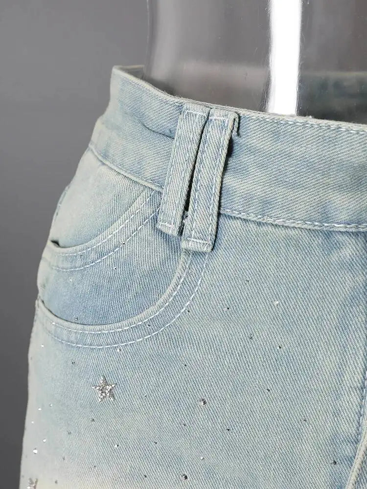 DEAT Fashion Star Rhinestone Denim Mini Skirt Women's High Waist Light Blue Gradient Wash Skirts Summer New