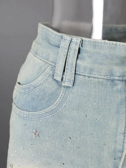 DEAT Fashion Star Rhinestone Denim Mini Skirt Women's High Waist Light Blue Gradient Wash Skirts Summer New