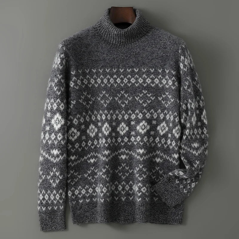 New 100% Pure Wool Cashmere Men's O-neck Pullover 2025 Autumn/Winter Color Matching Top Casual Thick Fashion Large Size Jacket