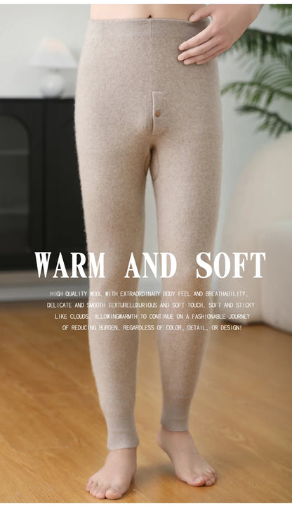 100% Cashmere Knit Leggings Men Winter Wearing Thermal Underwear High Waist Trousers Solid Thicken Elasticity Ankle-Length Pants