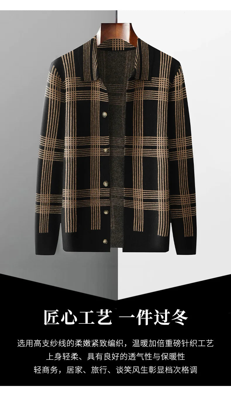 100% Merino Wool Men's Lapel Collar Knit Cardigan Coat 2025 Spring/ Autumn New POLO Neck Grid Suit Shirt Cashmere Jacket Sweater