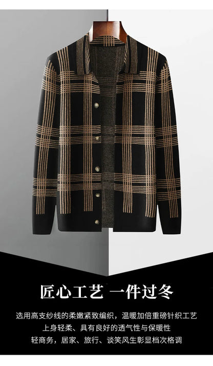 100% Merino Wool Men's Lapel Collar Knit Cardigan Coat 2025 Spring/ Autumn New POLO Neck Grid Suit Shirt Cashmere Jacket Sweater