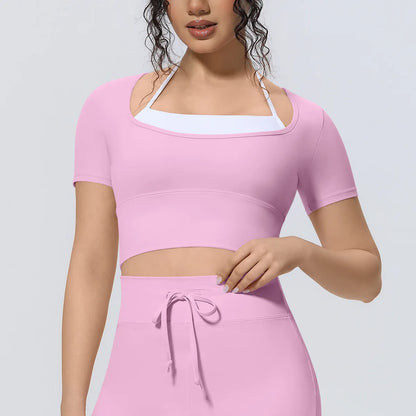 Yoga Sexy Dance Clothes High Elastic Sports T-shirt Women Fitness Top Short Sleeves Running Shirts Gym Push Up Workout Top Tee