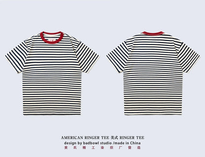 Summer new pure cotton T-shirt men's American retro contrasting shirt versatile couple short sleeved T-shirt striped base shirt