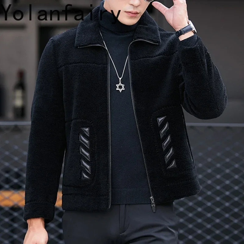 YOLANFAIRY Genuine Leather Men Sheep Sheared Grain Lamb Fur Coat Men Real Woolen Jackets Men's Clothing Mens Fur Jacket Coat
