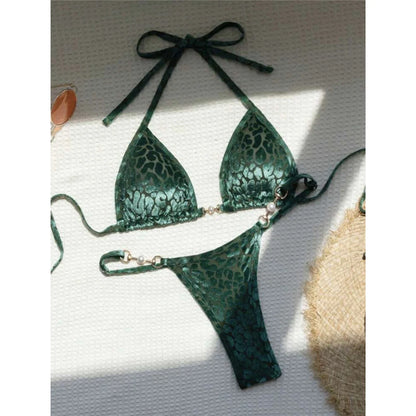 S - XL Leopard Pearl Mini Micro Thong Bikini Female Swimsuit Women Swimwear Two-piece Bikini set Bather Bathing Suit Swim V5207B
