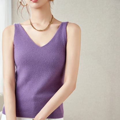 Women's Spring and Autumn 2026 New 100% Merino Wool V-Neck Pullover Knitted Suspender Casual Soft Inner Vest Women's Clothing