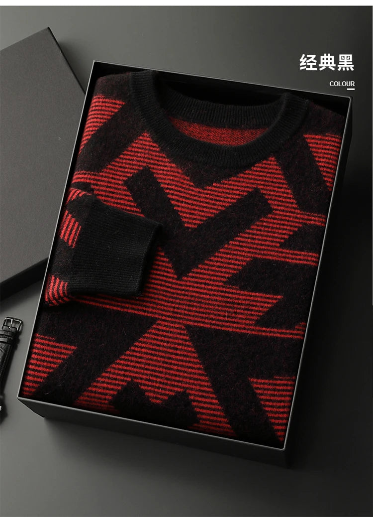 Men's Autumn Winter New 100% Cashmere O-Neck Sweater Fashion Knitted Jacquard Pullover Top Color blocked Thickened Men's Wear