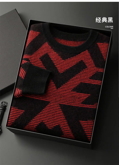 Men's Autumn Winter New 100% Cashmere O-Neck Sweater Fashion Knitted Jacquard Pullover Top Color blocked Thickened Men's Wear