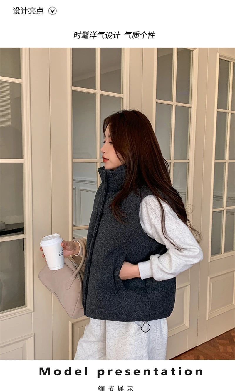 Short Down cotton Vest Women's 2025 Korean Fashion New Stand-up Sleeveless Zipper Student Vest Jacket Black Gray Waistcoat Tide