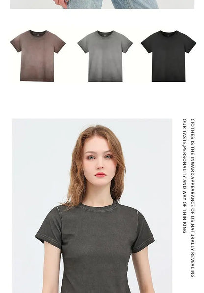 Female 240GSM Gradient Washed Custom LOGO Solid Slim  T-Shirt Soft Cotton Streetwear Casual Short Sleeve Cool Retro For Women