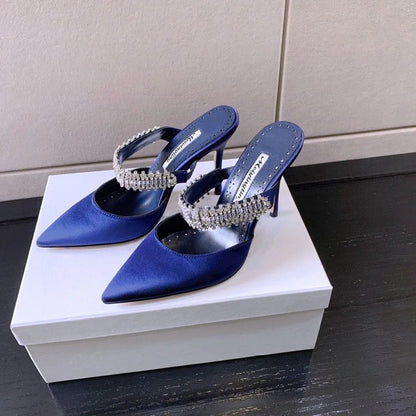 Women's 2022 Pump Summer New Rhinestone Chain Slippers High Heels Stiletto Pointed Shallow Mouth Silk Sandals Outer Wear