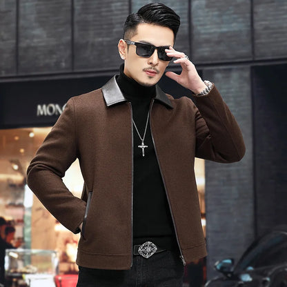YOLANFAIRY Casual Wool Coats for Men Spring Autumn Fashion Short Woolen Coat Man Clothing Spliced Genuine Leather Mens Jacket