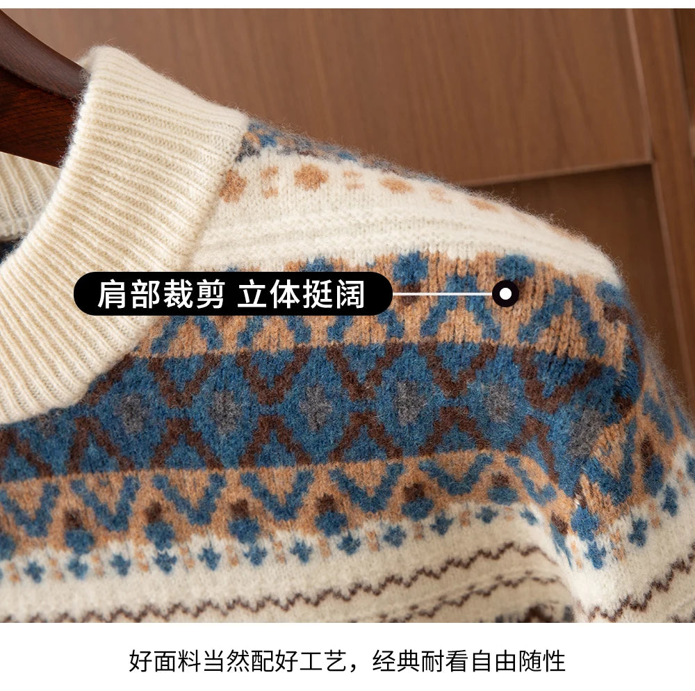 Autumn/Winter New Men's Sweater Jumper 100% Pure Wool Knitt Half High Neck Pullover Business Casual Jacquard Thickened Menswear